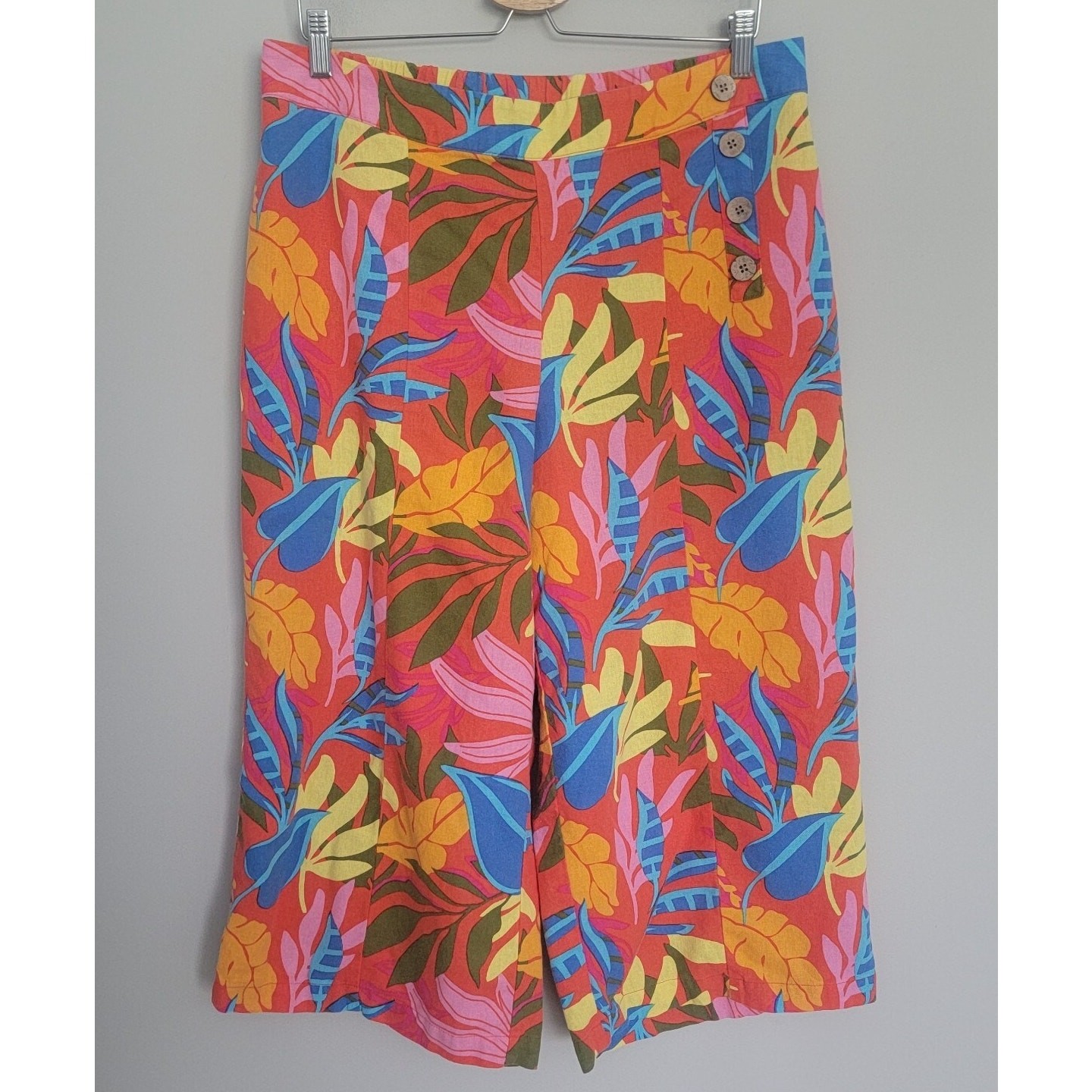 Calligraphie Pull On Pants Womens L Linen Blend Tropical Crop Wide Leg