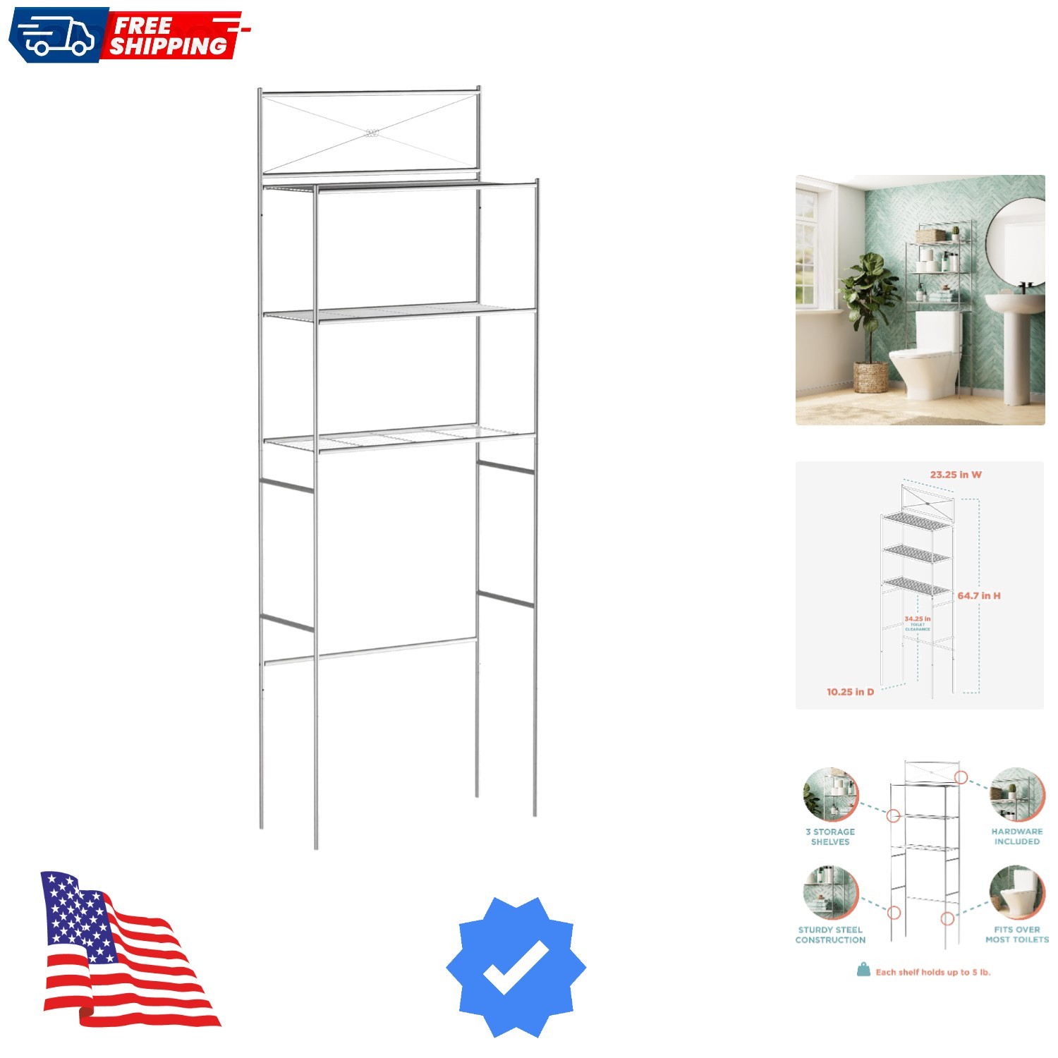 Over the Toilet Storage Shelf Space Saver, Behind Toilet Bat