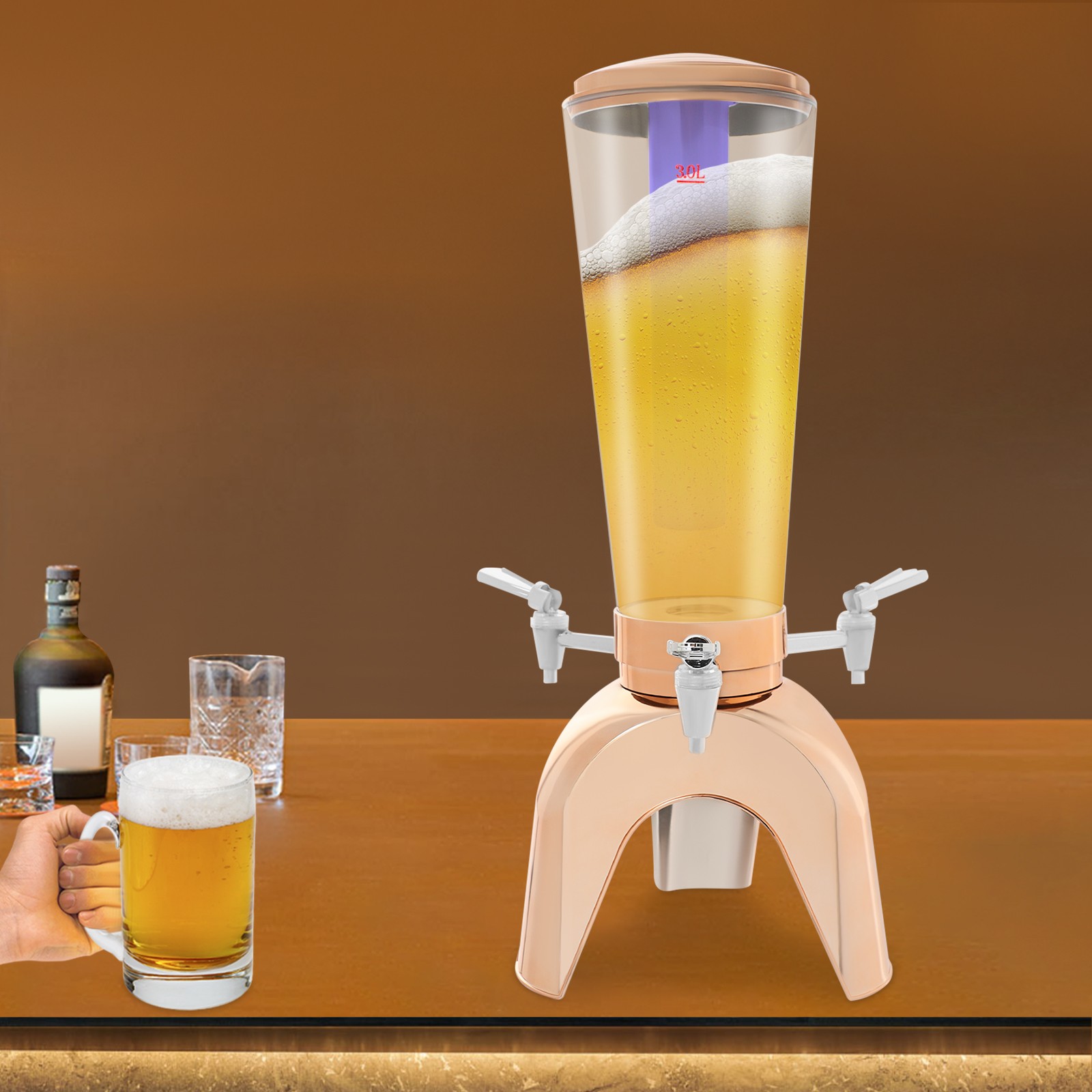Beer Dispenser with Ice Container and LED Light, Beer Dispenser With 3 Faucets