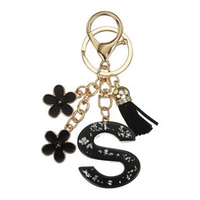 Alphabet Initial Letter Keychain Cute Charm with Tassel Flower Letter S Black 