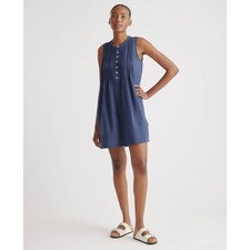 Quince Womens XS Sleeveless Swing Dress Indigo Blue Organic Cotton Gauze Pintuck