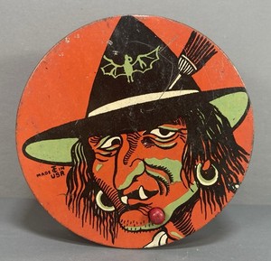 RARE! Vintage Halloween Tin Litho NOISE MAKER Witch 4" Cohn Wood Handle