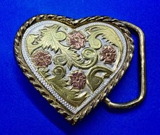 Western Heart Shaped Flower Ornate Two Tone Vintage Belt Buckle for 1.25" Belt
