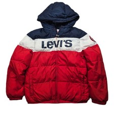 Levis Puffer Jacket Kids Large 12-13 Red White Navy Blue Logo