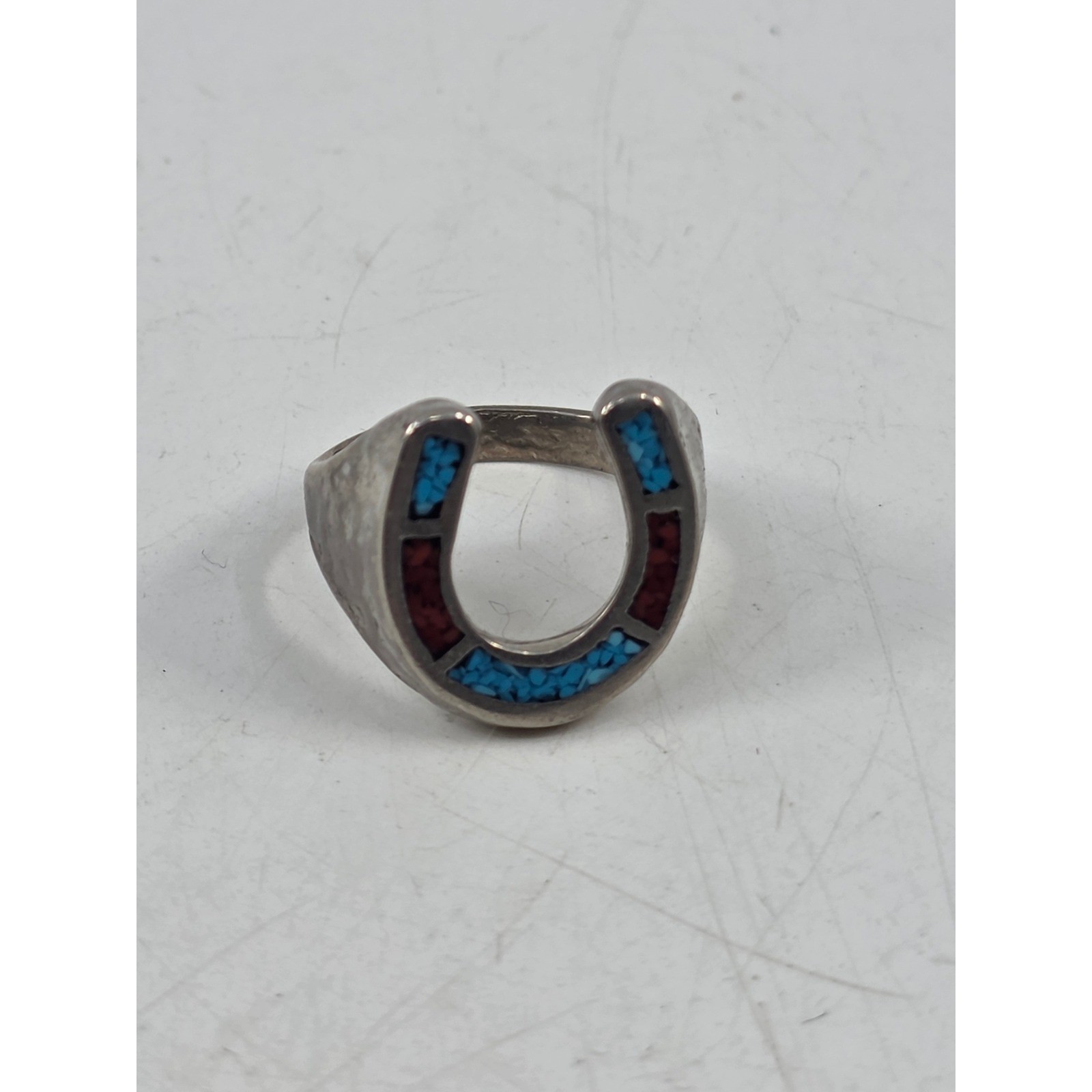 Vintage Southwestern Horseshoe Ring Turquoise Coral Inlay Silver Tone Size 8.5
