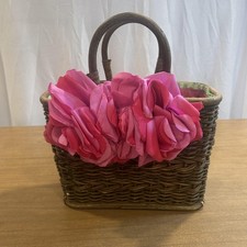 Gretchen Scott Top Handle Bag Womens Small Brown Wicker Flower Purse *SPOTS*