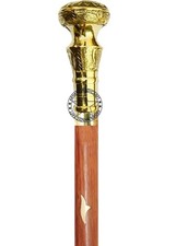 Vintage Antique Brown Wooden Walking Stick Cane with Designer Brass Handle Gift