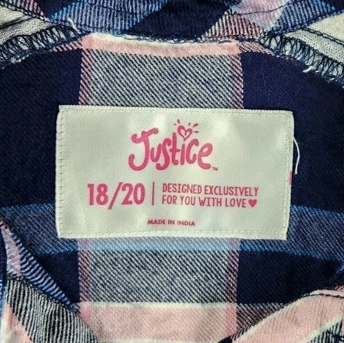 Camisa Justice Girls de gran tamaño azul/gris a cuadros lentejuelas mezcla de polietileno suave 18/20 en muy buen estado Foto 2 de 4