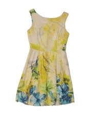 VINTAGE Womens Sleeveless A-Line Dress UK 8 Small Yellow Floral Cotton AD07