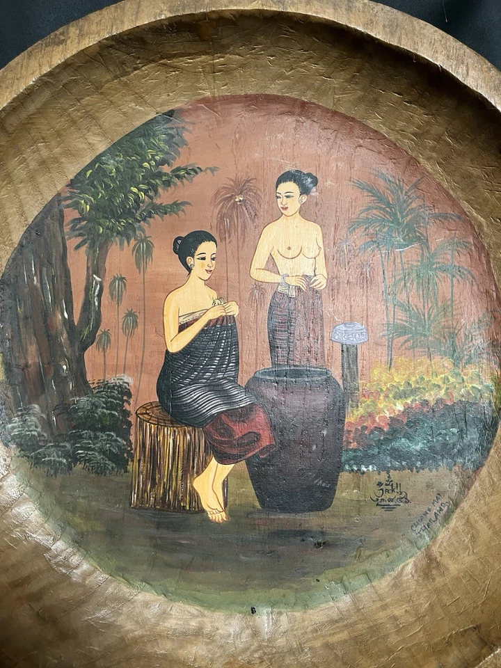 XXL Vintage Hand Carved/Hand Painted Nude Deep Wooden Handle Footed Dough Bowl - Image 4 of 4