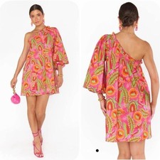 Show Me Your Mumu High Volume One Shoulder Ruffle Dress Pink Tropical Floral L