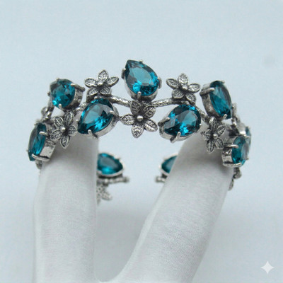 London Blue Topaz Gemstone Handmade 925 Sterling Silver Jewelry Cuff Bracelet 8''