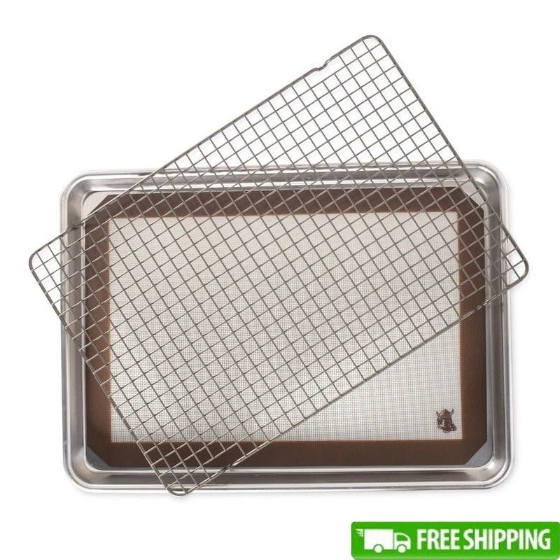 Nonstick Aluminum Half Sheet Baking Set W/ Silicone Mat & Cooling Rack New