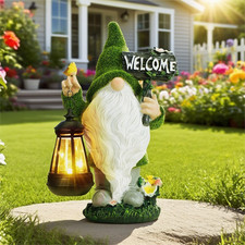 Waterproof Solar-Powered Dwarf Statue w/ LED Lights & Bird, Garden Decor