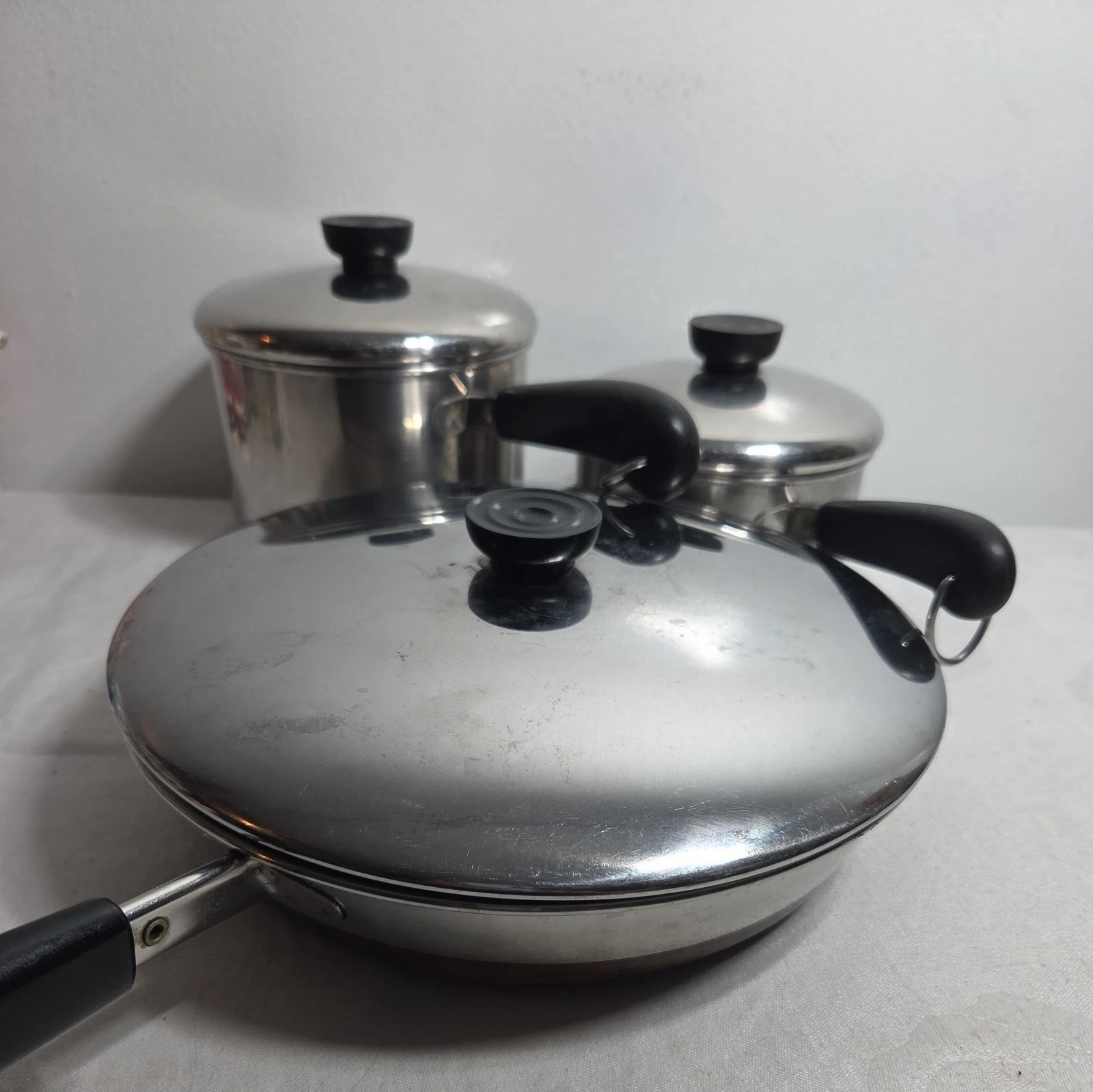 Vtg Set 3 (6pc)Revere Ware 1801 Copper Bottom Saucepans 1QT, 2QT, 10" skillet
