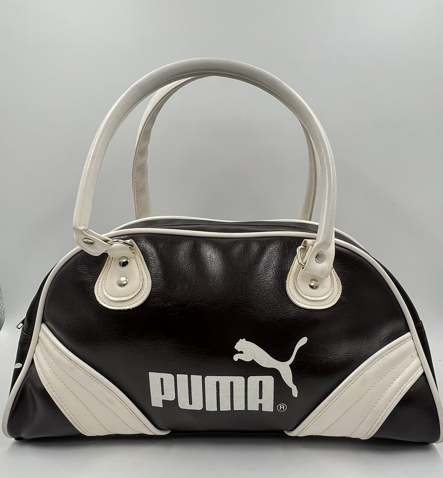 VINTAGE PUMA FAUX Leather Bowling HAND BAG PURSE OVERNIGHT GYM ZIP TOP  HANDLE