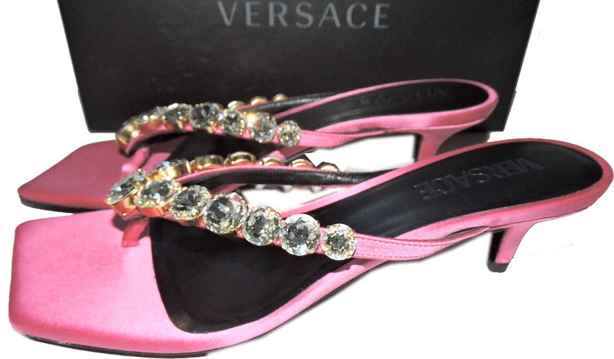 サンダル・ミュール VERSACE Sandals Women Fabric Pink/Sea VERSACE Sandals Crystals Pink Satin Thongs Slides Kitten