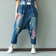 Fashion Women Drop Crotch Embroidered Pants Large Size Jeans Denim Pants