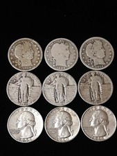 3 époques de quarts ! Barbier, debout, Washington ! Lot de 9 ! Monnaies P/D ! Org Con