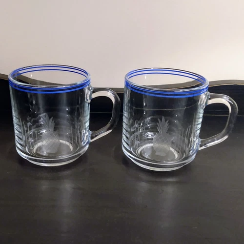 2 Arcoroc Cobalt Blue Double Banded Etched Clear Coffee Tea Cups Mugs