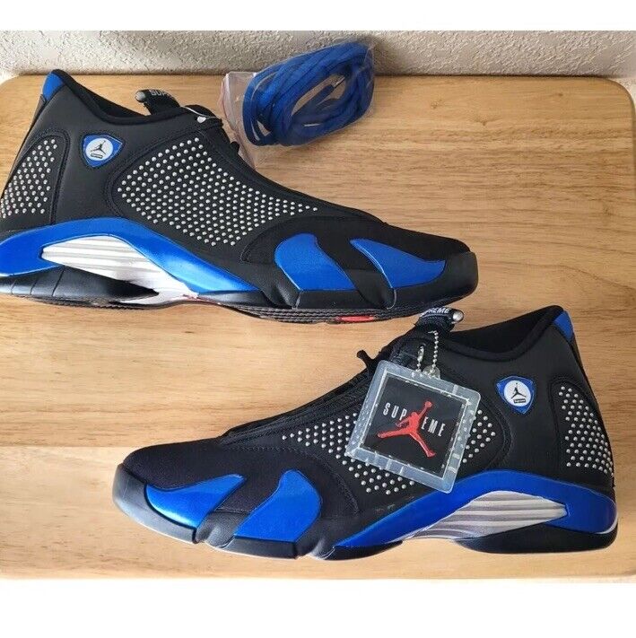 Nike Air Jordan 14 XIV Supreme Black Blue Chrome Size 13 Nike Air Jordan 14 XIV Supreme Black Blue Chrome Size 13