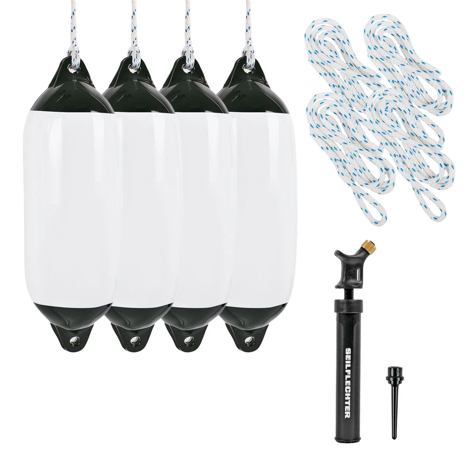 4x Marinefender 120x450mm, weiß inkl. Pumpe und Fenderleine