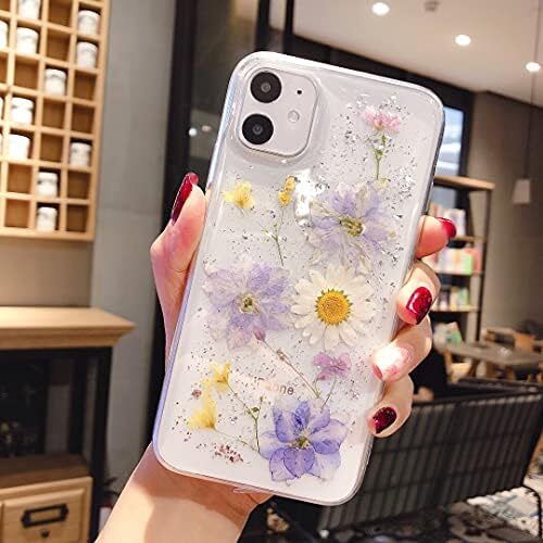 Case for iPhone 11 6.1 inch| Bling Glitter Sequin Handmade Real Dried Flower Lea