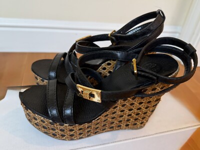 Tory Burch wedges sandals Black, Dalcin high wedge tumbled leather size 6