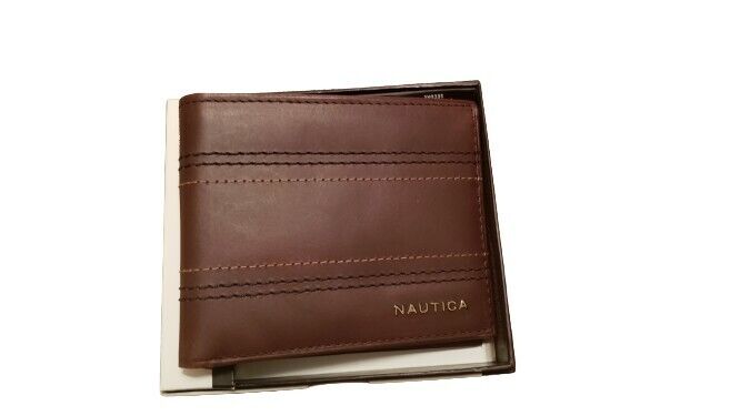 NEW NAUTICA MEN'S BROWN LEATHER BI FOLD DATA PROTECTION WALLET WITH RFID IN BOX 