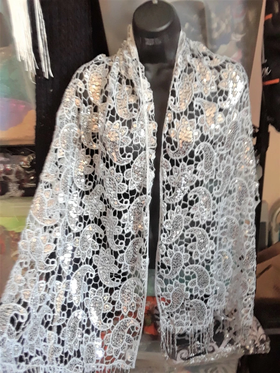 Light Silver White Paisley Leaf Silver Sequin Scarf Shawl Wrap