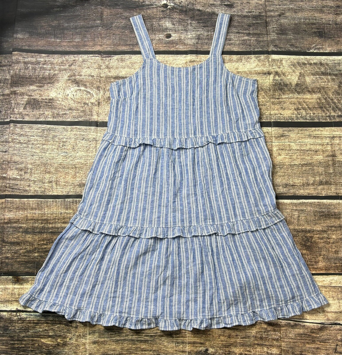 Beach Lunch Lounge Dress Women's Medium Striped Linen Cotton Ruffle Strap Beach Lunch Lounge Dress Women's Medium Striped Linen Cotton Ruffle Strap