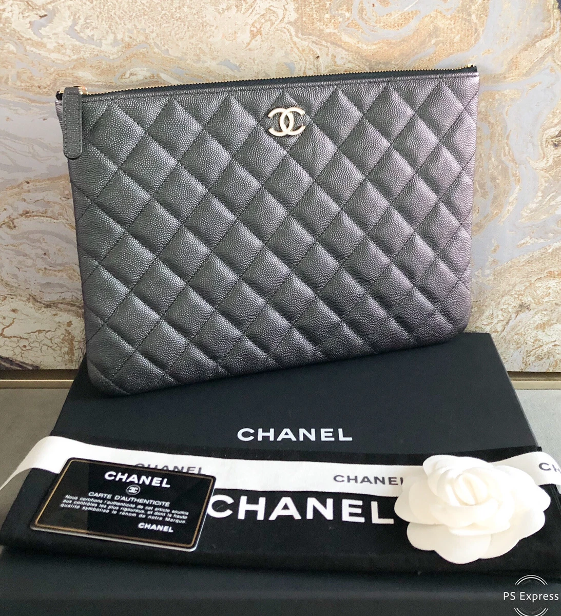 Chanel Iridescent Medium O Quilted Black Pearly CC Caviar Leather Clutch