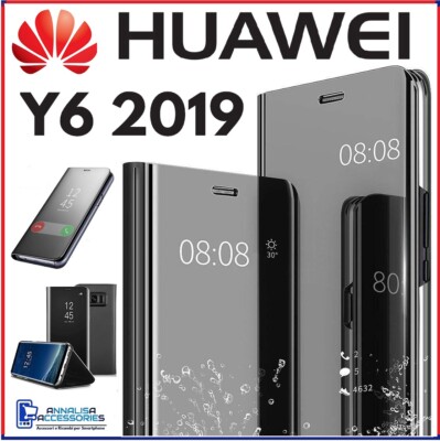 FLIP COVER FOR HUAWEI Y6 2019 BLACK BOOK CASE MIRROR CLEAR VIEW 360° Y 6