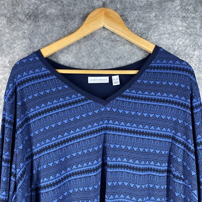 Susan Graver Shirt Womens 3X Blue Aztec Stripe Button Sleeve Silky Flowy Breezy