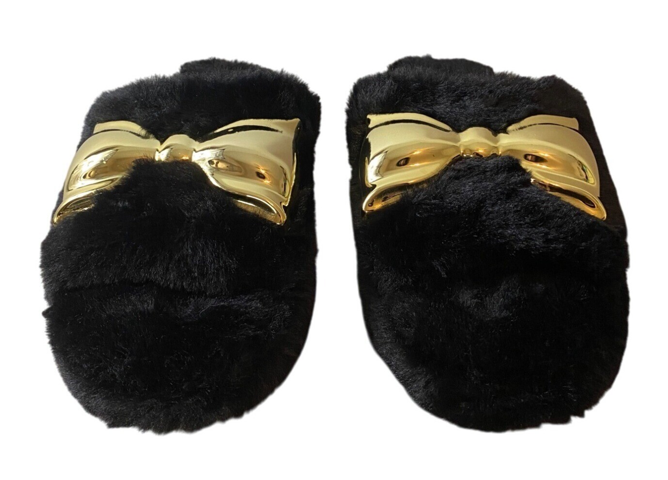 PANTOFOLA D’ORO Katy Perry ciabatte nere in pelliccia sintetica con fiocco oro comode slip on taglia 6