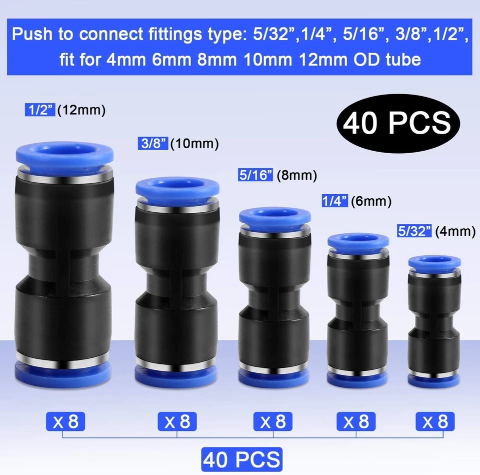 Adpon 40 Pieces Straight Push Connectors,1/2 3/8 5/16 1/4 5/32 Blue, Black - Image 2 of 4