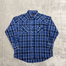 Plains Western Wear Men L Blue Black Plaid Long Sleeve Pearl Snap Cowboy Shirt