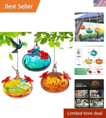 Beautifully Designed Hummingbird Feeders Set - 3 Blown Glass Feeders with Hooks
