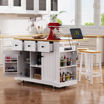 K&K 53inch Large Kitchen Island with 2 Bar Stools, Power Outlet,Door Internal St