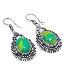 Green Turquiose Gemstone Handmade925 Sterling Silver Jewelry Earring Size 1.50"