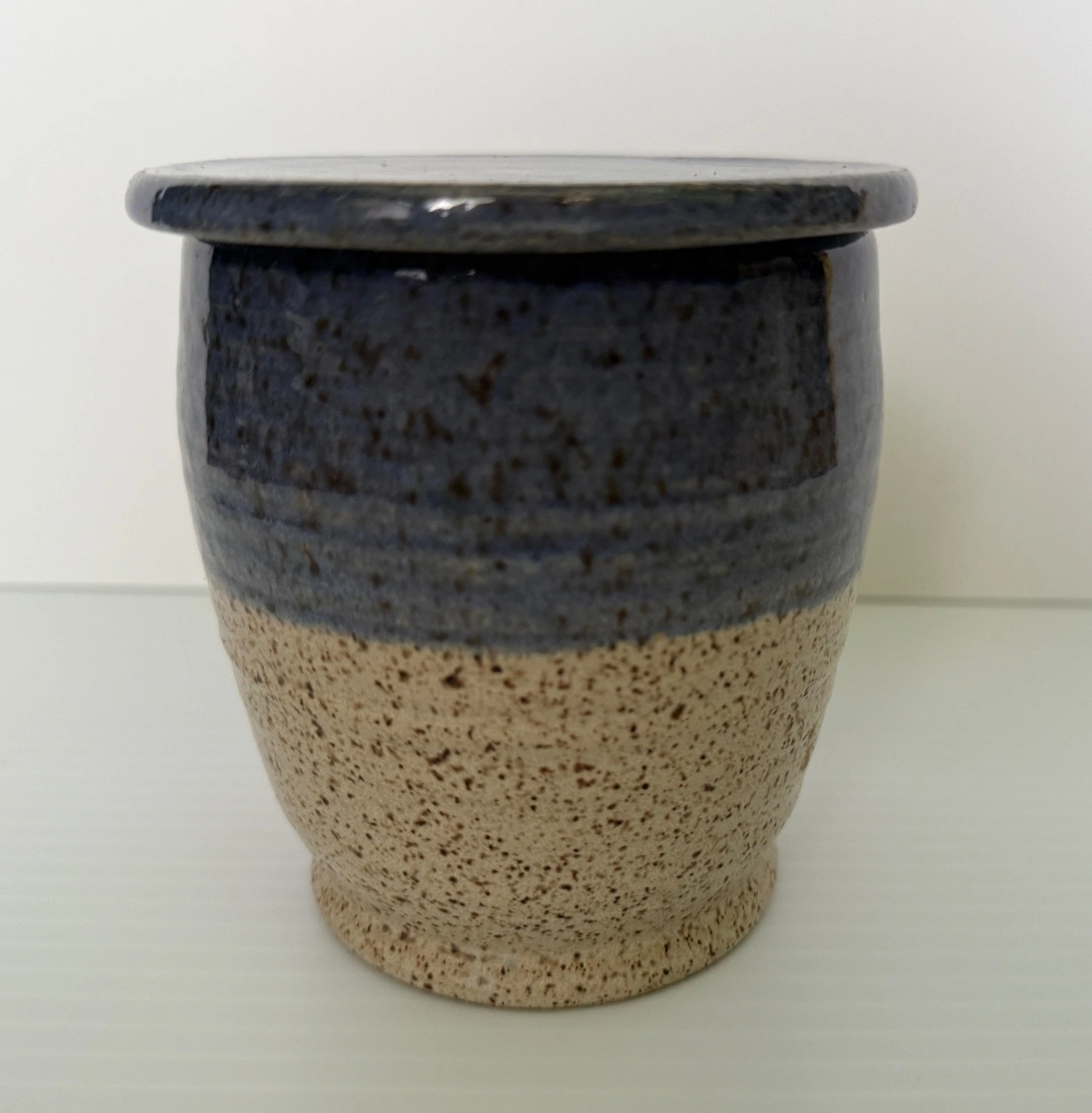 Cottage Pottery Ohio Stoneware Butter Bell Keeper speckled blue & brown EUC
