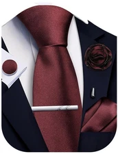 Maroon Ties for Men Silk Satin Necktie and Pocket Square Cufflinks Tie Clip L...