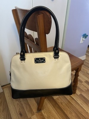 kate spade new york Cream Black Satchel Top Handle Bag, Zip Closure