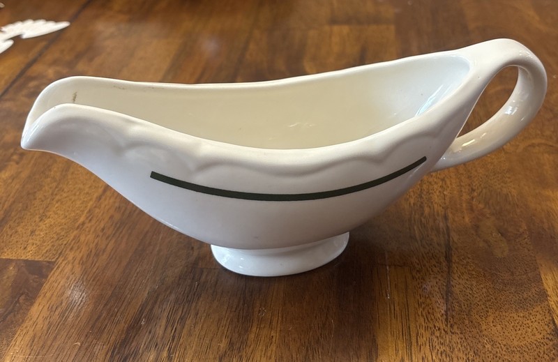 Homer Laughlin China Gravy Boat Green Stripe VA 1111 3.75 Tall 9.25 Long ca 1981