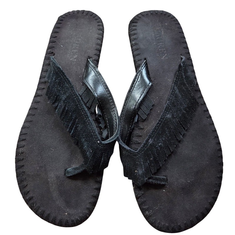 Ralph Lauren Womens Black Suede Fringe Flip Flop Thong Sandals Whipstitch Size 7