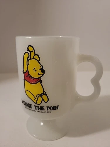 Vintage USA Winnie the Pooh Walt Disney Productions White Milk Glass Footed Mug