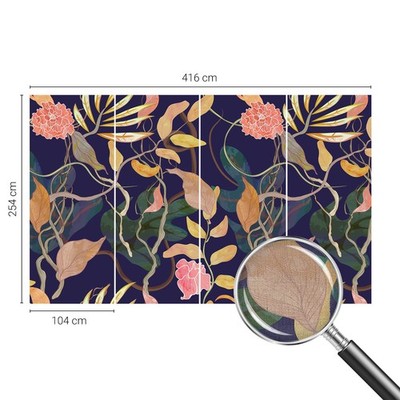 Eco Friendly Non Woven Wallpaper Exotic Flora On A Navy Blue Background