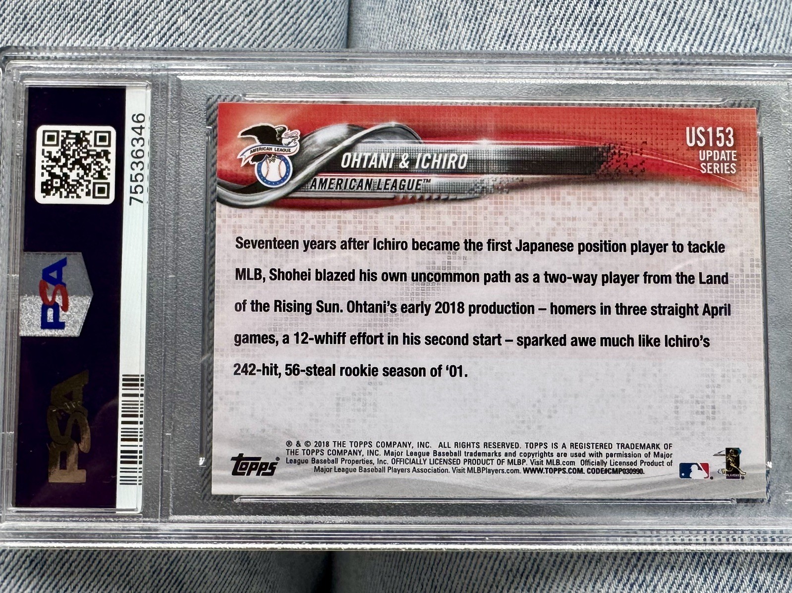 2018 Topps Update Shohei Ohtani/Ichiro Japan's Finest #US153 PSA GEM MT 10 view 2