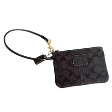 Vintage Coach Signature Black Jacquard Wristlet Leather Logo Brass Hardware Y2K