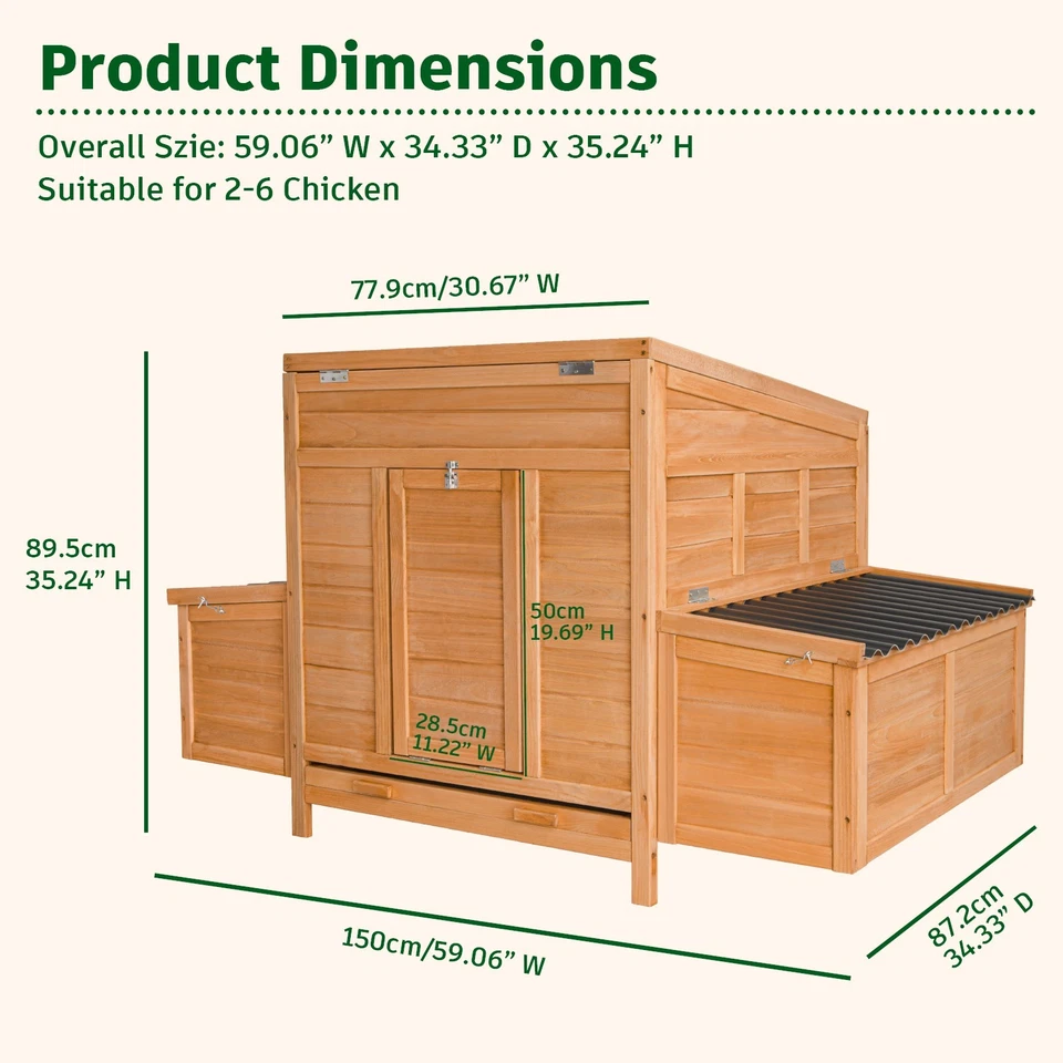 59-дюймовый курятник с 2 большими ящиками для гнездования, деревянный курятник для 4-6 кур - Изображение 3 из 4